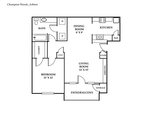 Floor plan for 1 bed, 1 bath, 698 sqft
